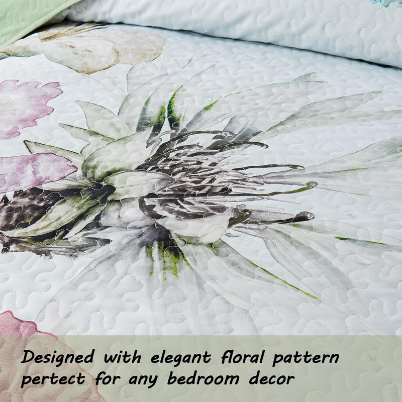 Yogeneg King Size Quilt Set  Elegant Floral Botanical Pattern Green Bedding Set 3 Piece Lightweight Soft Summer Bedspread Coverlet with 2 PIillow Sham for All Season(Green Floral 110""x96"") - Image 4